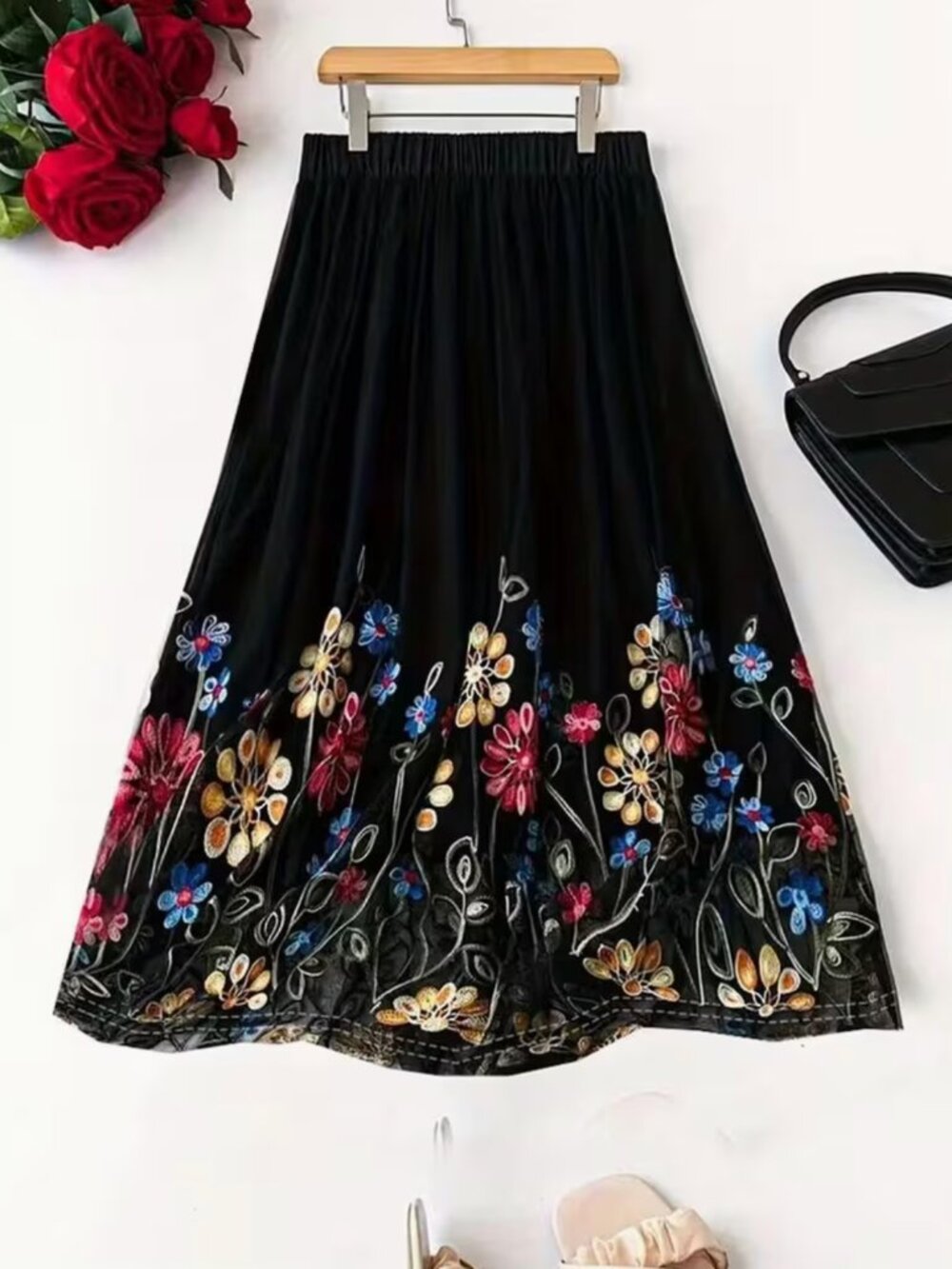 Plus Size Floral Pattern Skirt, Casual Elastic Waist Midi Skirt